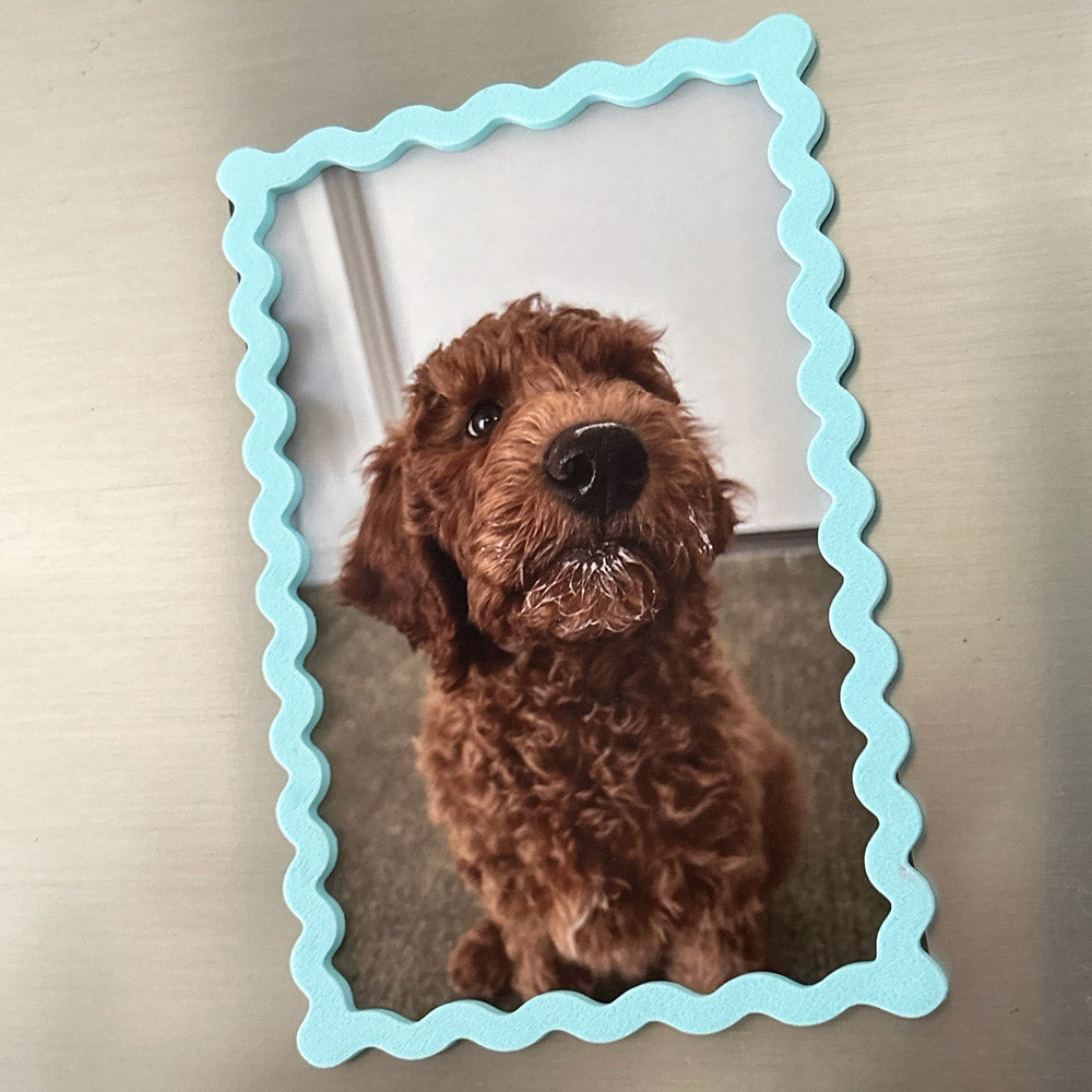 Brown dog inside a blue wavy frame on a fridge