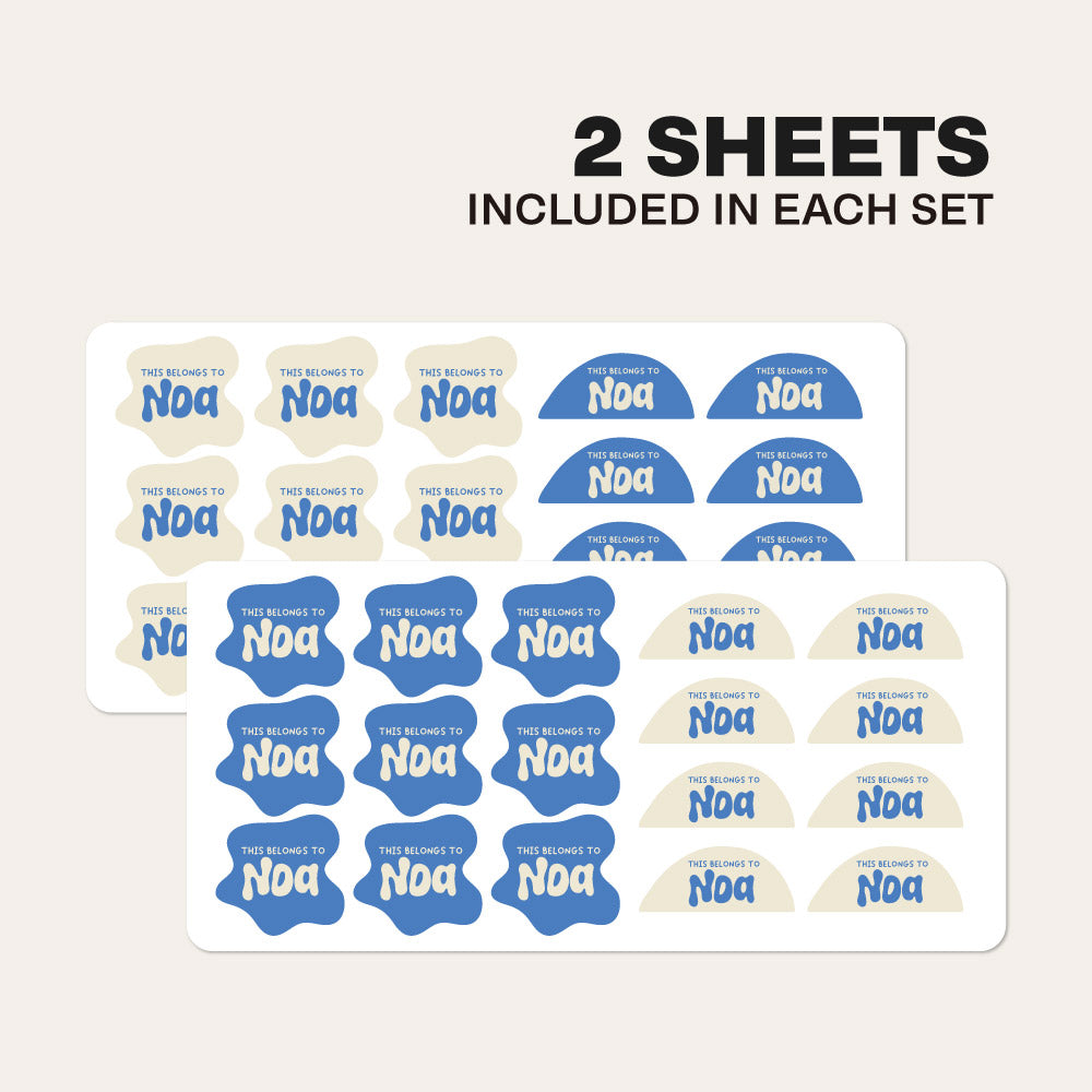 Personalised waterproof name labels for daycare & school — dishwasher safe, custom colours & fonts. 34 stickers per set. Printed in Melbourne, ships in 1–3 days.