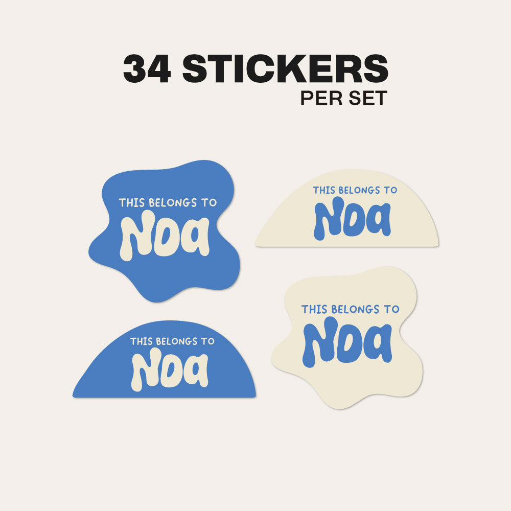 Four stickers with 'This belongs to Noa' text on a light gray background
