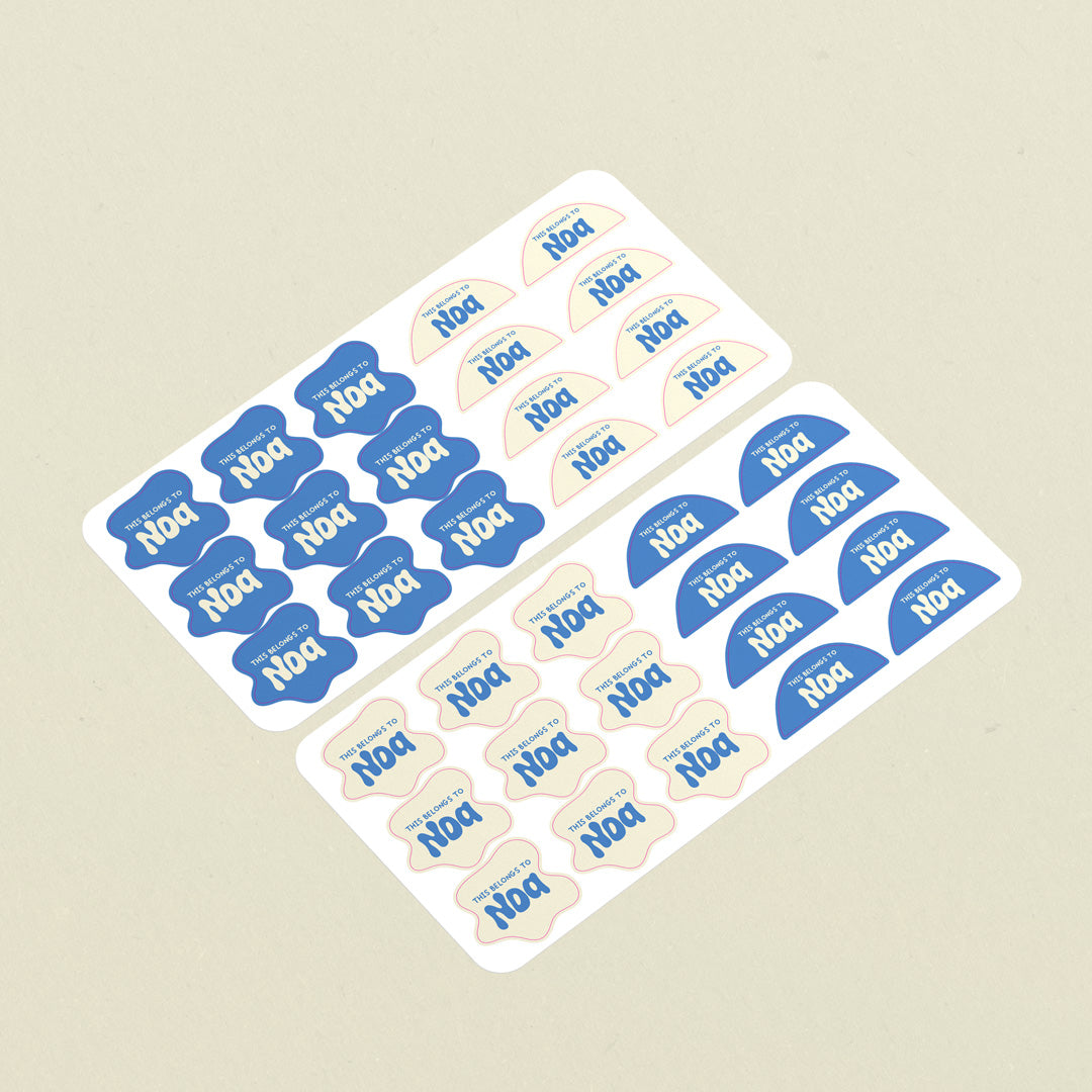 x2 sheets of blue and beige kids name labels for daycare