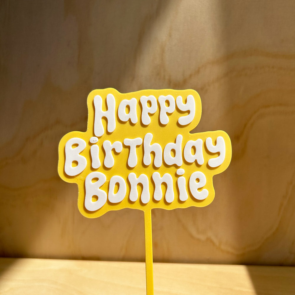 Personalised Happy Birthday cake topper in yellow