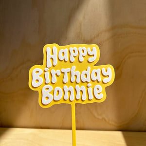 Personalised Happy Birthday cake topper in yellow