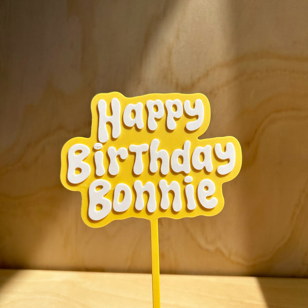Personalised Happy Birthday cake topper in yellow