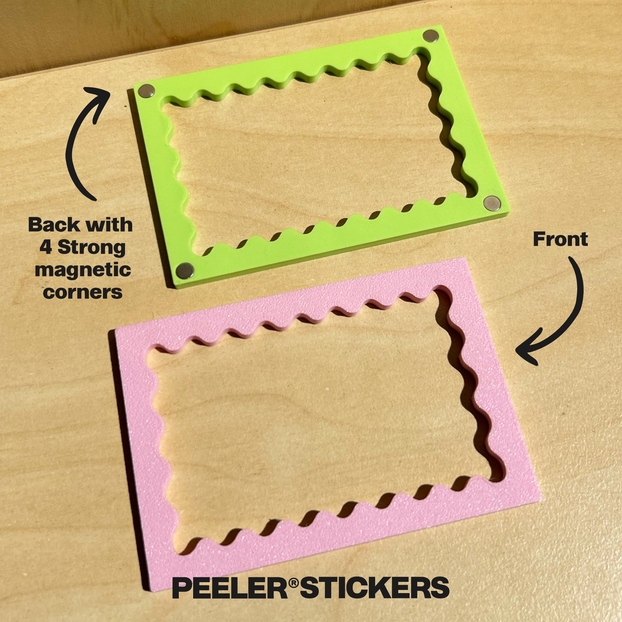 Magnetic polaroid frame with wavy edge on fridge