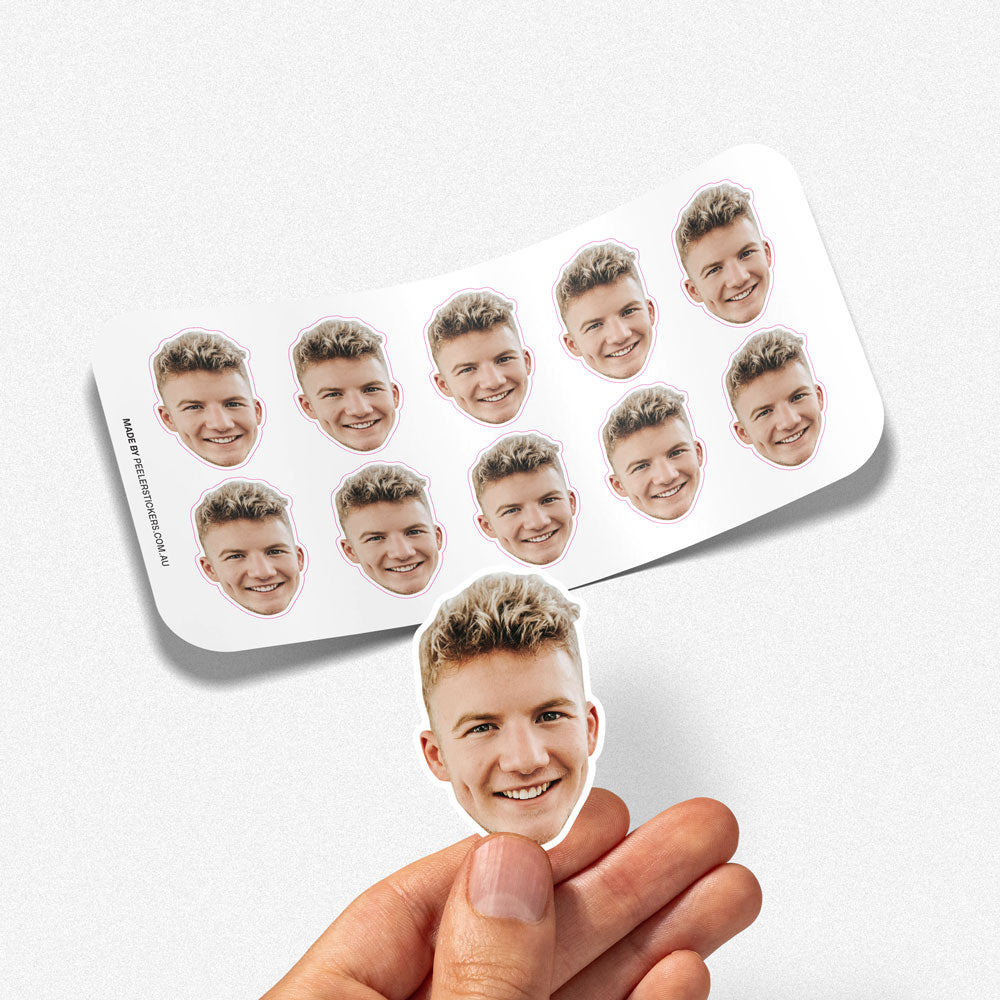 Sheet of personalised stickers with a person's face on a white background