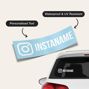 A personalised Instagram decal shown on a car window, with callout labels reading 'Personalised Text', 'Waterproof & UV Resistant' and the decal example on the rear window. The decal itself is white Instagram logo and white text.